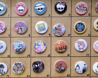1.25" TV and Movie Button pins -- Pin these to your carry on bag, back pack, purse, shirt, apron, lanyard vest suspenders jacket. iCarly pin