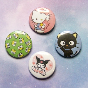 Set of 4 /1" round mini Hello Kitty Cartoon Character Button pin- Friendship pins, backpack pin lanyard hat apron smock vest, athletic bag