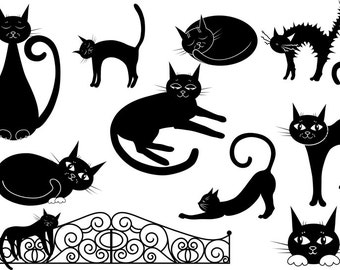 Сat Clipart, Schwarze Katze Clipart, Vektor Clipart, Cartoon, Digital, Gemalt, Katze, schwarze Katze, Clip Art, Katzen Silhouetten