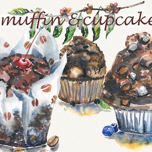 Muffin clipart, Cake clipart, watercolor cupcake clipart, cofee clipart, sweets, watercolor clipart, food clipart, Digital, Painted