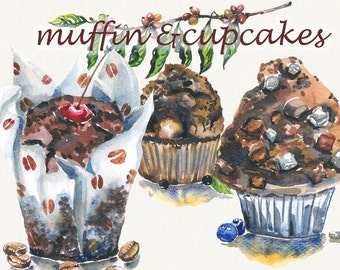 Muffin clipart, Cake clipart, watercolor cupcake clipart, cofee clipart, sweets, watercolor clipart, food clipart, Digital, Painted