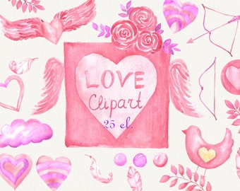 Love clipart, heart clipart, watercolor heart clipart, Digital, hand painted, clip art, valentine clip art