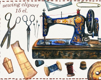 Sewing clipart, sewing machine, watercolor sewing clipart, sewing accessories, Digital, Painted, clip art, hand painted