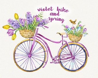 Bike clipart Bicycle clipart Spring flower clipart Watercolor clipart Vintage clipart Violet clipart Watercolor floral Hand painted Download