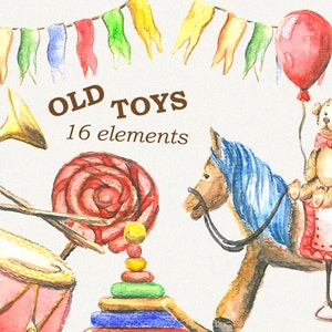 Toys clipart, kids clipart, Retro toys, vintage toys, Watercolor, Digital DIY invites,invitations, Hand Painted image 1