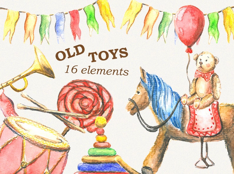 Toys clipart, kids clipart, Retro toys, vintage toys, Watercolor, Digital DIY invites,invitations, Hand Painted image 1