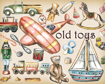 Toy clipart, toys clipart, old toys clipart, kids clipart, watercolor painted toys, vintage toys, Digital DIY, toy boys clipart,Hand Painted