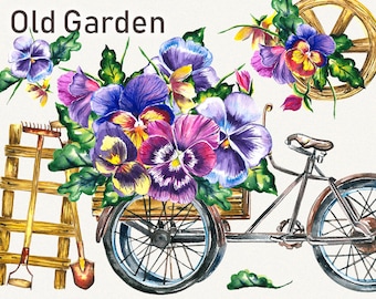 Garden clipart, spring clipart, garden tools, pansy clipart, garden furniture, watercolor garden tools, Hand Painted, digital watercolor