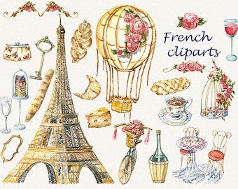 French clipart, Paris clipart, romantic clipart, eiffel tower Watercolor, France clipart, Watercolor floral, Hand painted,Wedding invitation