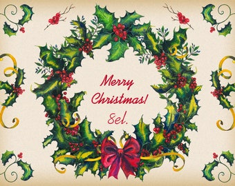 Clipart Noël, couronne de Noël, clipart hiver, couronne de houx, peint à la main, numérique, décorations de Noël, clipart vacances