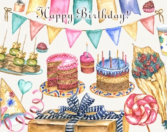 Birthday clipart, watercolor, happy birthday clipart, party clipart, Digital, Hand Painted, digital clipart, birthday graphics, clip art