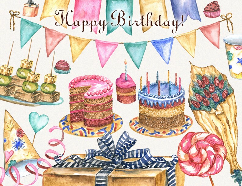 Birthday clipart, watercolor, happy birthday clipart, party clipart, Digital, Hand Painted, digital clipart, birthday graphics, clip art image 1