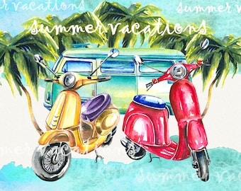 Summer clipart, scooter clipart, van,moto clipart, Volkswagen clipart, travel clipart, watercolor clipart, summer time clipart, Hand Painted