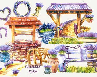 Lavender Farm Clipart Garden Watercolor Illustrations Provence Floral Violet flower Hand Painted Digital