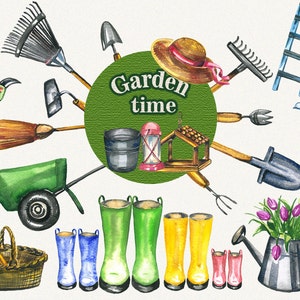 Garten Clipart, Frühling Clipart, Gartenwerkzeuge, Aquarell Gartenwerkzeuge, handgemalt, Clip Art, digitales Aquarell Bild 1