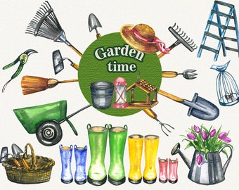 Garden clipart, spring clipart, garden tools, watercolor garden tools, Hand Painted, clip art, digital watercolor