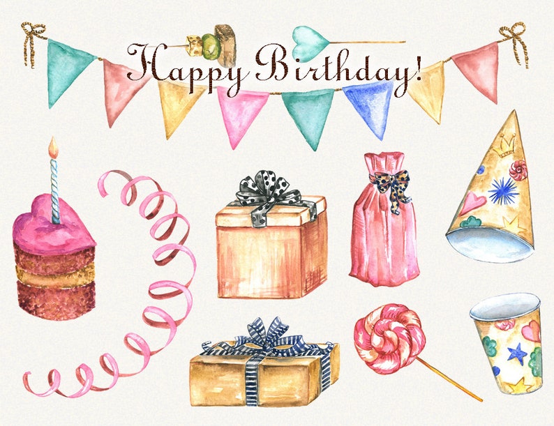 Birthday clipart, watercolor, happy birthday clipart, party clipart, Digital, Hand Painted, digital clipart, birthday graphics, clip art image 3