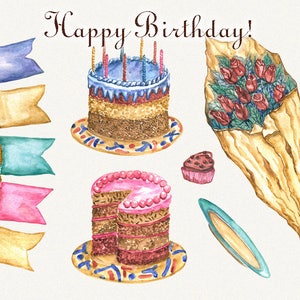 Birthday clipart, watercolor, happy birthday clipart, party clipart, Digital, Hand Painted, digital clipart, birthday graphics, clip art image 2