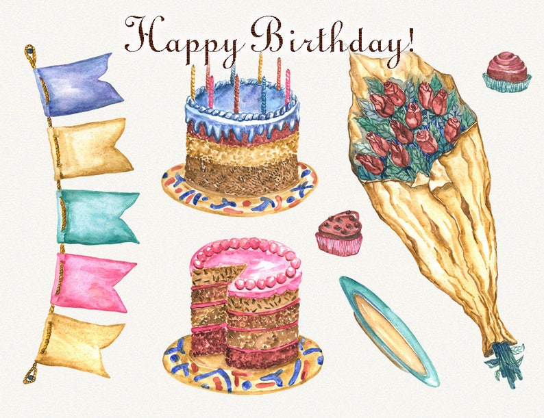 Birthday clipart, watercolor, happy birthday clipart, party clipart, Digital, Hand Painted, digital clipart, birthday graphics, clip art image 2