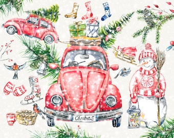 Clipart Noël, voiture rouge, vieille voiture clipart, clipart nouvel an, peint à la main, numérique, décorations de Noël, clipart vacances