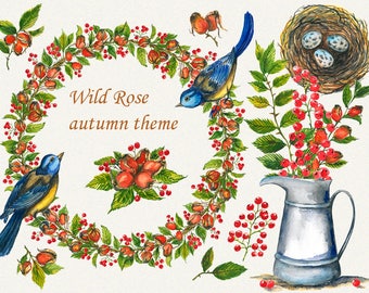 Wild rose clipart, Watercolor Wild rose clipart, rosehip clipart, Digital DIY invites, Wedding invitations, Hand Painted, Wedding wreath