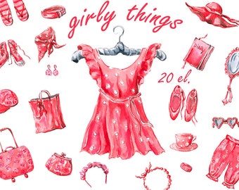 Clothes clipart, fashion clipart, dress clipart, girl clipart, Girly things clipart, Digital, Hand Painted, pink dress, digital clipart