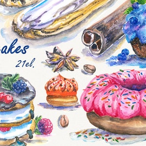 Cake Clipart, cupcake clipart, donut clipart, Handpainted clipart, Printable, Digital, watercolor clipart, food clipart, Dessert clipart