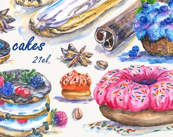 Cake Clipart, cupcake clipart, donut clipart, Handpainted clipart, Printable, Digital, watercolor clipart, food clipart, Dessert clipart