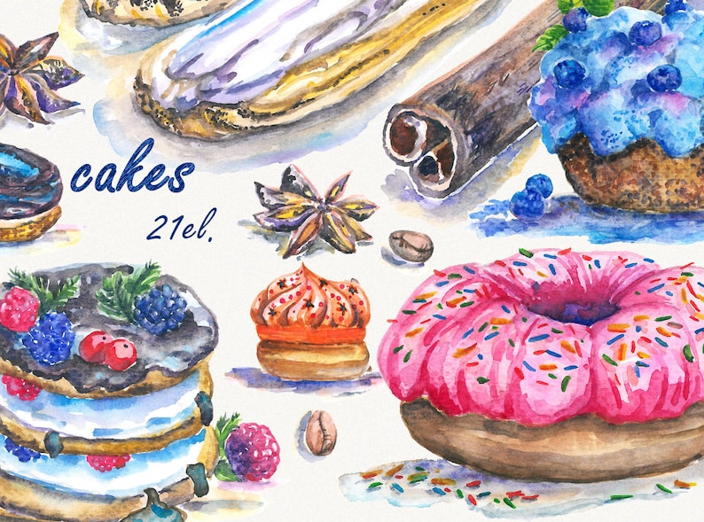 Handpainted clipart cupcake clipart food clipart watercolor clipart Digital donut clipart Printable Dessert clipart Cake Clipart