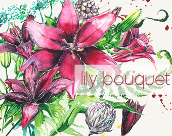 Lily clipart, Lilies flower clipart, floral elements, Watercolor, Botanical, Watercolor floral, Hand painted, Wedding invitation