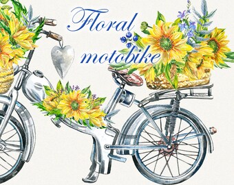 Bike clipart, garden clipart, sunflower clipart, watercolor clipart, motobike clipart, Watercolor, Watercolor floral, Hand painted