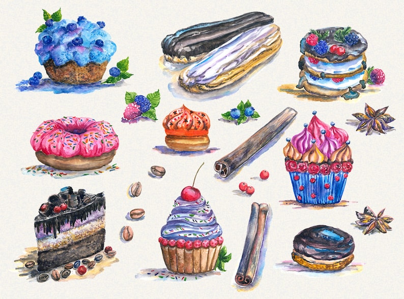 Handpainted clipart cupcake clipart food clipart watercolor clipart Digital donut clipart Printable Dessert clipart Cake Clipart