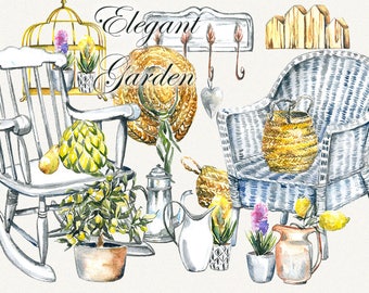 Garden clipart, spring clipart, garden tools,garden furniture, watercolor garden tools, Hand Painted, clip art, digital watercolor