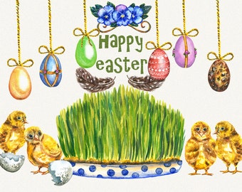 Easter Clipart, watercolor easter clipart, easter egg clipart, happy easter clipart, chicken clipart, holiday clipart, Digital