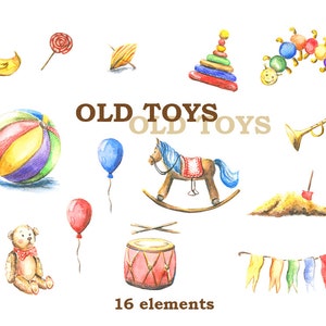 Toys clipart, kids clipart, Retro toys, vintage toys, Watercolor, Digital DIY invites,invitations, Hand Painted image 3