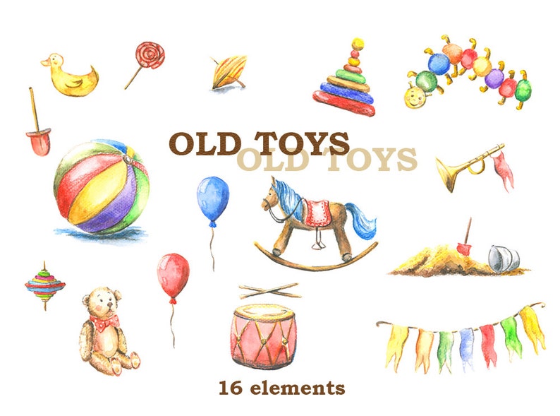 Toys clipart, kids clipart, Retro toys, vintage toys, Watercolor, Digital DIY invites,invitations, Hand Painted image 3
