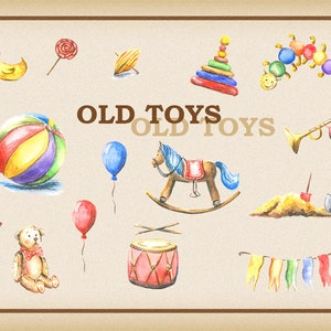 Toys clipart, kids clipart, Retro toys, vintage toys, Watercolor, Digital DIY invites,invitations, Hand Painted image 2