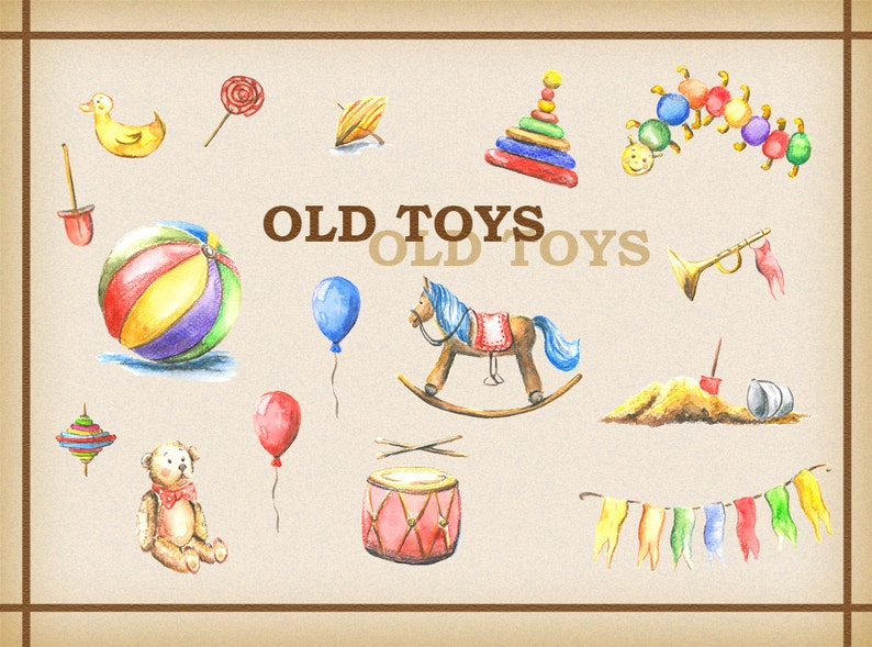 Toys clipart, kids clipart, Retro toys, vintage toys, Watercolor, Digital DIY invites,invitations, Hand Painted image 2