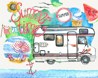 Summer clipart, sea clipart, travel clipart,watercolor clipart,beach clipart, summer time clipart, Hand Painted