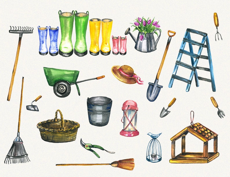 Clipart jardin, clipart printemps, outils de jardin, outils de jardin aquarelle, peint à la main, clipart, aquarelle numérique image 2