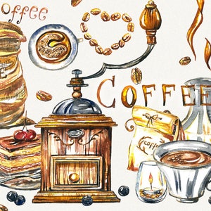 Kaffee Clipart, Kaffeetasse, Lebensmittel Clipart, Aquarell Kaffee, Kaffeemühle, Küchendekor, Kuchen Clipart, handgemalt, digitales Aquarell