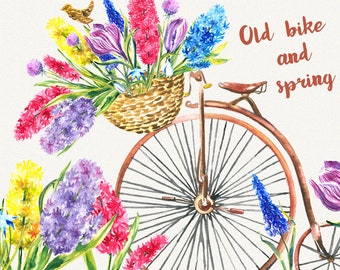 Bike clipart Garden clipart Spring flower clipart Watercolor clipart Vintage clipart Watercolor Watercolor floral Hand painted Download