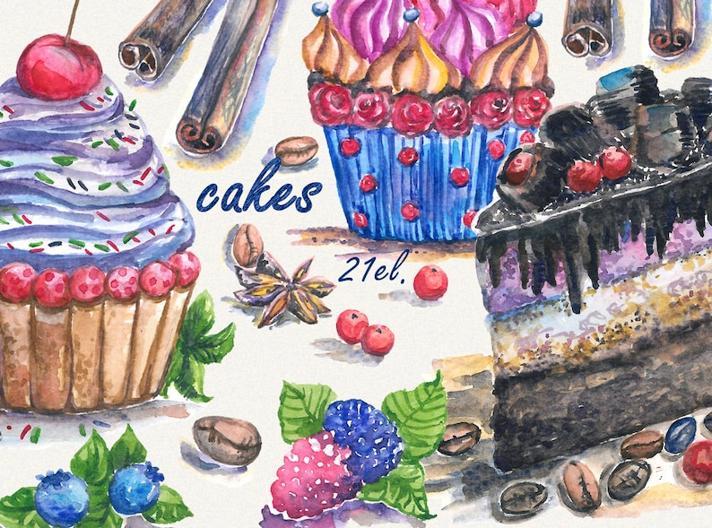 Handpainted clipart cupcake clipart food clipart watercolor clipart Digital donut clipart Printable Dessert clipart Cake Clipart