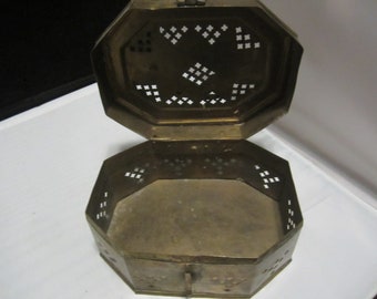 Vintage Incense Burner Box Metal Antique Patterned Rectangular Box with Holes Octagon 3" tall