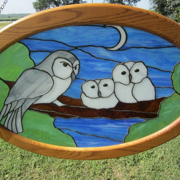 Beautiful Owl Stained Glass Oval Blue and Green Vintage Medium Sized 21" tall, 31" wide, 8" chain Wooden Frame Window Hanging
