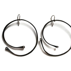 Large "almost" hoop earrings, large black hoop earrings, steel and silver hoop earrings