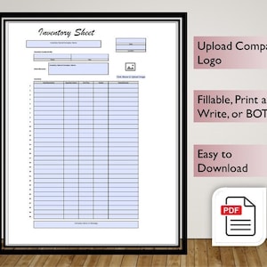 Può includere: Un modello di foglio di inventario stampabile in formato PDF. Il foglio include campi per il nome dell'articolo, la descrizione, la quantità, il costo unitario e il costo totale. Include anche uno spazio per un logo aziendale e una sezione per le note.