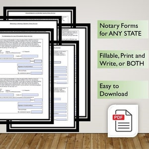 May include: A stack of printable notary forms for any state. The forms are fillable, printable, and can be written on. The forms are easy to download and are in PDF format. The text on the image says "Notary Forms for ANY STATE", "Fillable, Print and Write, or BOTH", "Easy to Download", and "PDF".