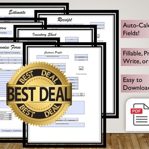 May include: A set of printable PDF forms for business, including an order form, invoice, estimate, receipt, inventory sheet, and customer profile. The forms are fillable, printable, and have auto-calculating fields. The forms are labeled "Best Deal" and are easy to download.