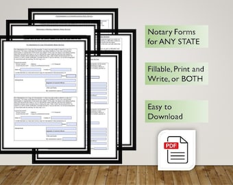 Puede incluir: Una pila de formularios de notario imprimibles para cualquier estado. Los formularios son rellenables, imprimibles y se pueden escribir. Los formularios son fáciles de descargar y están en formato PDF. El texto en la imagen dice "Formularios de notario para CUALQUIER ESTADO", "Rellenable, Imprimir y Escribir, o AMBOS", "Fácil de descargar", y "PDF".